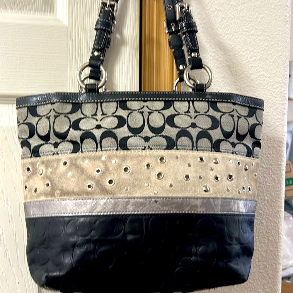 Coach Suede and Signature Tapestry Shoulder Bag Purse Tote